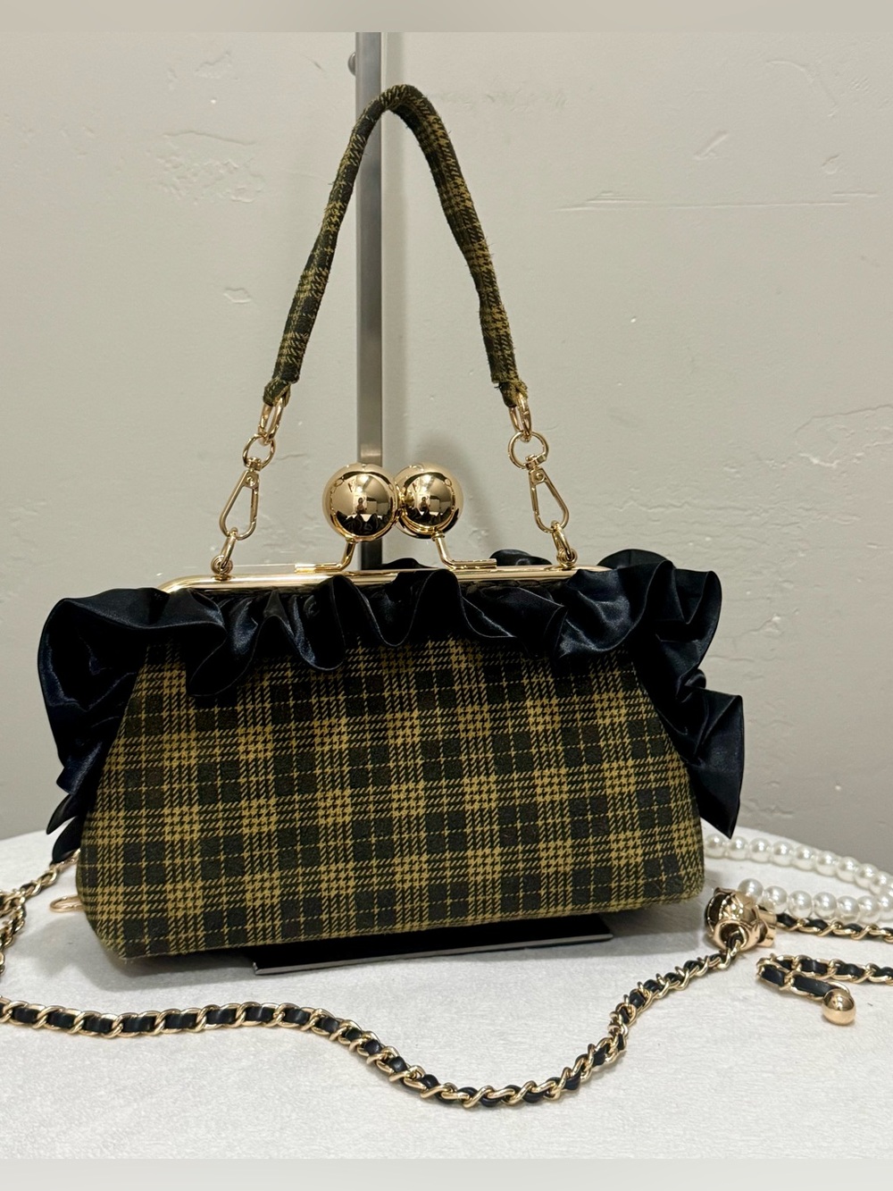 Vintage Plaid Cowhide Leather Handmade Kisslock Clutch, Lace Ruffle Trim Bag